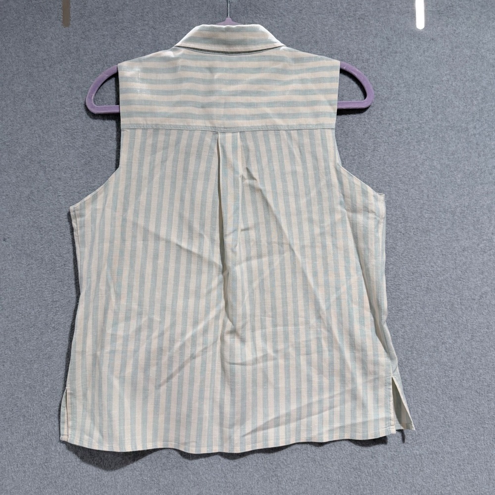 Faherty Womens Sleeveless Linen Blend Striped Button Down Shirt Blue Cream Med - Picture 6 of 7